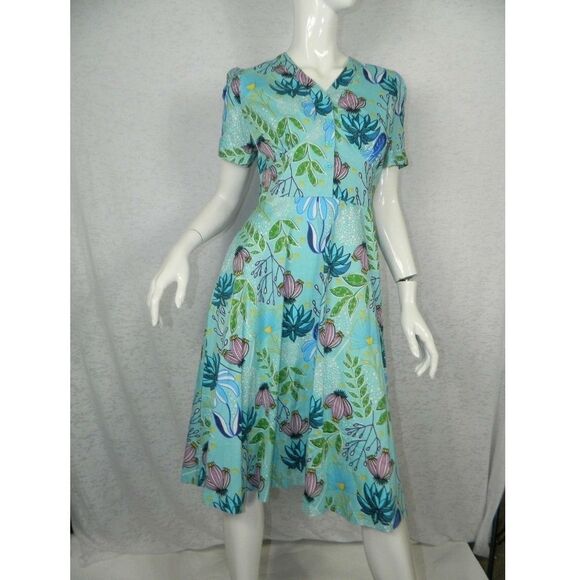 Lindy Bop Dress Turquoise Blue Floral Print Pinup Swing Dress Size 10 - Picture 5 of 11